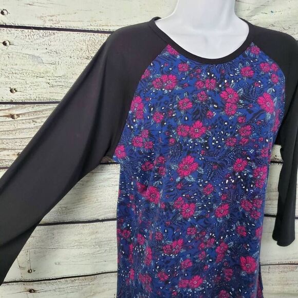 LuLaRoe Womens Medium Randy Top Black Sleeves Blue Pink Floral Raglan Tunic Shir - Picture 2 of 7